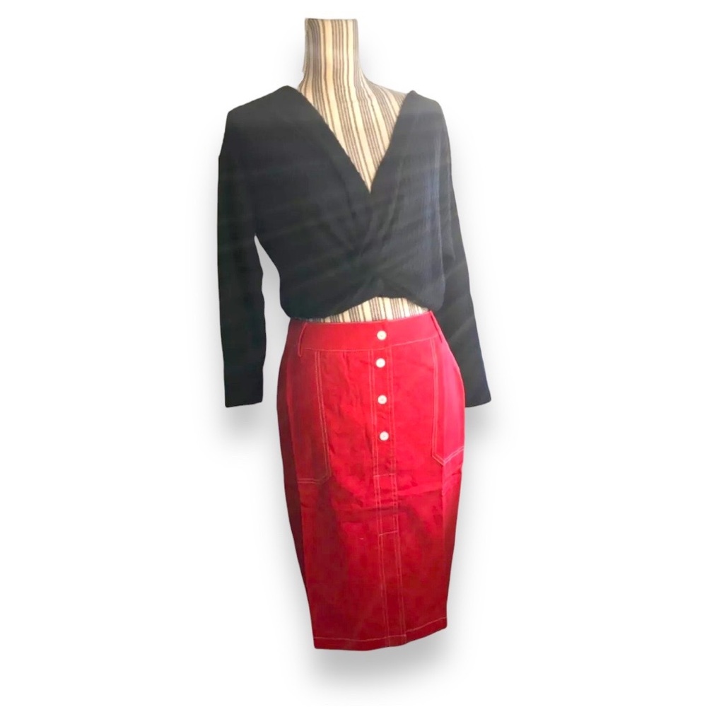 SALE Red Soft Denim Linen Pencil Skirt Button Up Pockets Cotton S M L - Picture 6 of 15